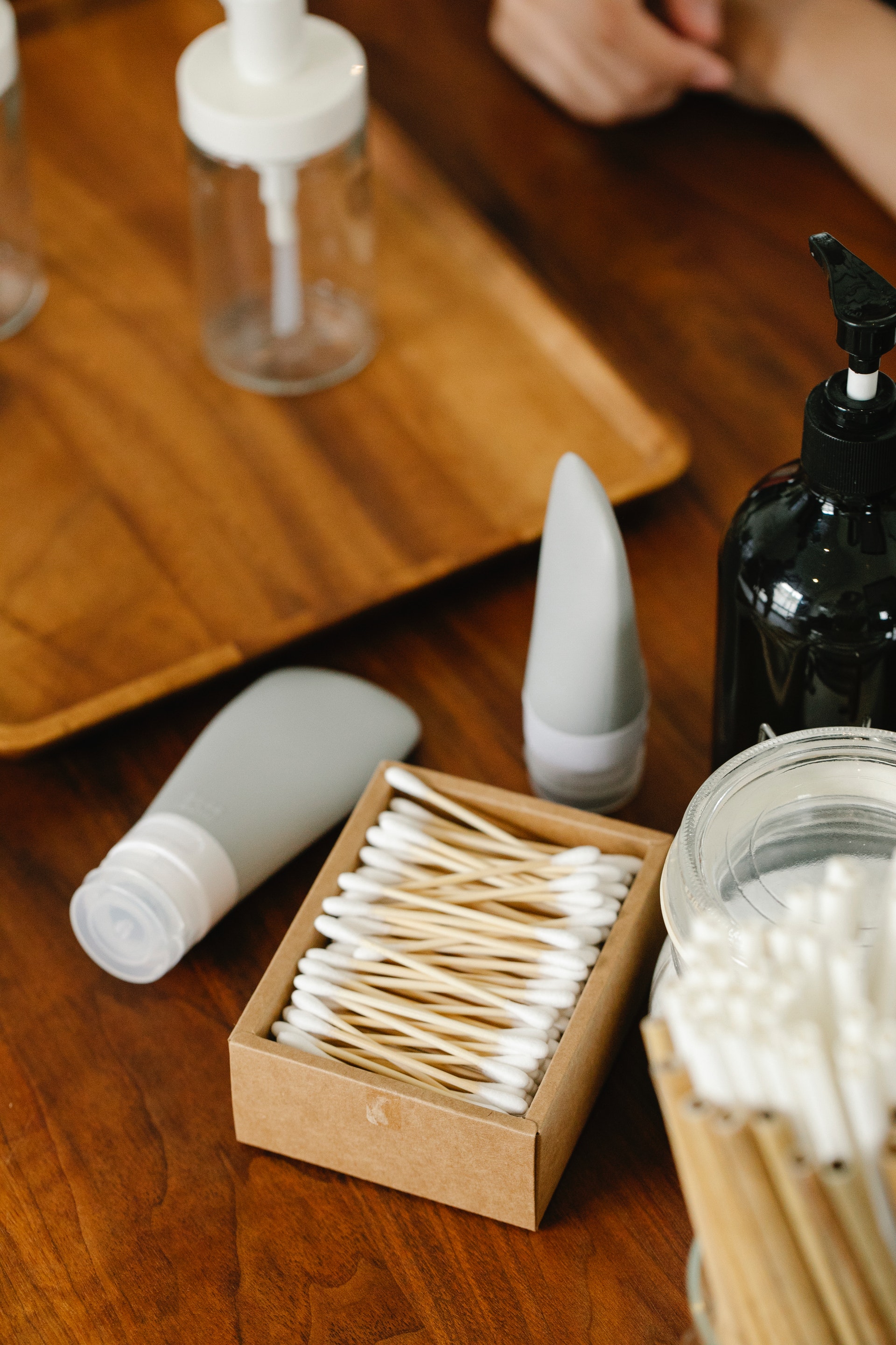 Wooden table with skincare products